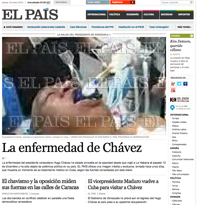 Esta fue la portada web de El País durante 30 minutos en la madrugada de jueves 24 de enero, antes de disculparse que la foto publicada era falsa