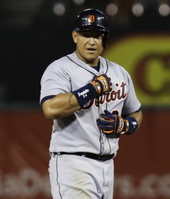 *Detroit Tigers' Miguel Cabrera walks back to second base after rounding the bag on his RBI double scoring teammate--AP Photo-LM Otero