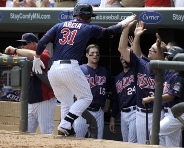 *Oswaldo Arcia #31 of the Minnesota Twins celebrates a solo home run against--Hannah Foslien-Getty Images-AFP