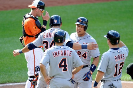 *Miguel Cabrera #24 of the Detroit Tigers celebrates with Avisail Garcia #34, Omar Infante #4 and Andy Dirks--Greg Fiume-Getty Images-AFP