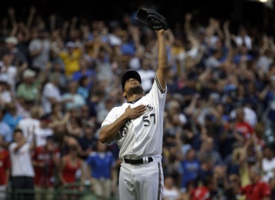 *Milwaukee Brewers relief pitcher Francisco Rodriguez reacts after getting Atlanta Braves' Freddie Freeman--AP Photo-Morry Gash