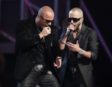 Puerto Rican reggaeton singers Wisin and Yandel perform at the 10th annual Latin Grammy awards in Las Vegas