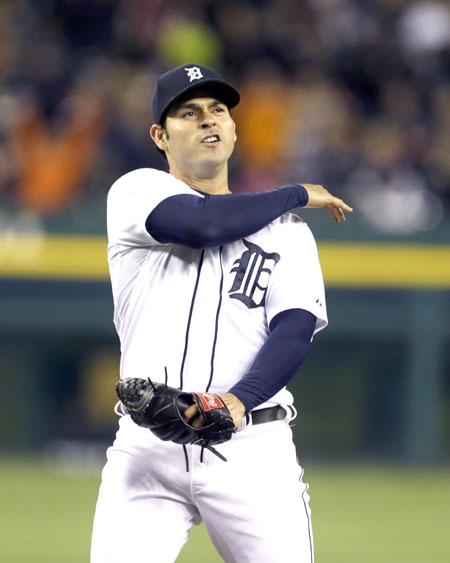 Detroit Tigers starting pitcher Anibal Sanchez reacts after the last out in the ninth inning of a baseball--AP Photo-Carlos Osorio1web