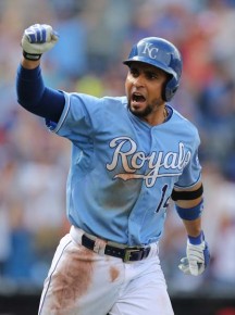 Omar Infante #14 of the Kansas City Royals celebrates a game-winning RBI single:: Ed Zurga:Getty Images:AFP