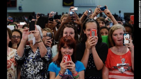 Teachers and students listen to US President Barack Obama at Mooresville Middle School in Mooresville, North Carolina, on June 6, 2013. Obama arrived in North Carolina as part of his Middle Class Jobs & Opportunity Tour.  AFP PHOTO/Jewel Samad        (Photo credit should read JEWEL SAMAD/AFP/Getty Images)