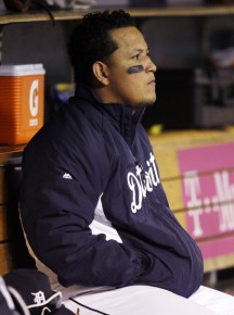 Detroit Tigers' Miguel Cabrera sits in the dugout after the Baltimore Orioles::AP Photo:Carlos Osorio