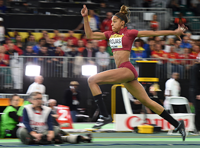 Venezuela's Yulimar Rojas competes during the Triple Jump at the IAAF World Indoor athletic championships in Portland, Oregon on March 19, 2016. / AFP / DON EMMERT