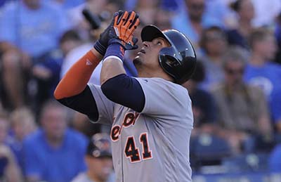 KANSAS CITY, MO - JUNE 16: Victor Martinez #41 of the Detroit Tigers celebrates his home run in the second inning against the Kansas City Royals at Kauffman Stadium on June 16, 2016 in Kansas City, Missouri.   Ed Zurga/Getty Images/AFP