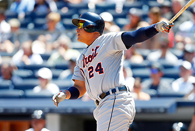 NEW YORK, NY - JUNE 12: Miguel Cabrera #24 of the Detroit Tigers follows through on a first inning double against the New York Yankees at Yankee Stadium on June 12, 2016 in the Bronx borough of New York City.   Jim McIsaac/Getty Images/AFP