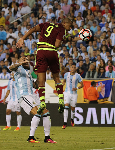 FOXBORO, MA - JUNE 18: Jose Salomon Rondon #9 of Venezuela scores a goal in the second half against Argentina during the 2016 Copa America Centenario quarterfinal match against Venezuela at Gillette Stadium on June 18, 2016 in Foxboro, Massachusetts.   Jim Rogash/Getty Images/AFP