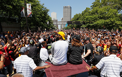 CLEVELAND, OH - JUNE 19: LeBron James #23 of the Cleveland Cavaliers during the Cleveland Cavaliers Victory Parade And Rally on June 19 2016 in downtown Cleveland, Ohio. NOTE TO USER: User expressly acknowledges and agrees that, by downloading and/or using this Photograph, user is consenting to the terms and conditions of the Getty Images License Agreement. Mandatory Copyright Notice: Copyright 2016 NBAE   Gregory Shamus/NBAE/Getty Images/AFP