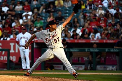 ANAHEIM, CA - JUNE 01: Francisco Rodriguez #57 of the Detroit Tigers pitches in the ninth inning against the Los Angeles Angels of Anaheim at Angel Stadium of Anaheim on June 1, 2016 in Anaheim, California.   Lisa Blumenfeld/Getty Images/AFP