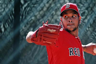 (Fort Myers , FL, 02/19/16) Boston Red Sox starting pitcher Eduardo Rodriguez pitches in the bullpen during Spring Training at JetBlue Park on Friday,  February  19, 2016.  Staff photo by Matt Stone