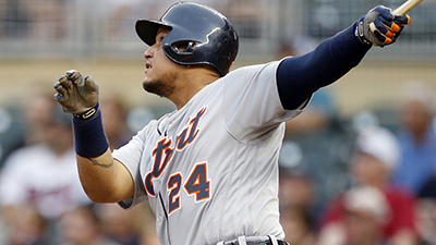 Detroit Tigers’ Miguel Cabrera follows through on a solo home run off Minnesota Twins pitcher Tyler Duffey in the first inning of a baseball game Wednesday, Aug. 24, 2016, in Minneapolis. ] (AP Photo/Jim Mone)