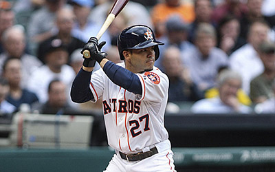 Apr 1, 2014; Houston, TX, USA; Houston Astros second baseman Jose Altuve (27) bats during the first inning against the New York Yankees at Minute Maid Park. Mandatory Credit: Troy Taormina-USA TODAY Sports