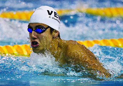 LIMA, PERU - SEPTEMBER 22:  Venezuela´s Carlos Claveri competes during the men's 100 meter Breaststroke final as part of the I ODESUR South American Youth Games at Piscina Olímpica Campo de Marte on September 22, 2013 in Lima, Peru. (Photo by Misael Montano/LatinContent/Getty Images)