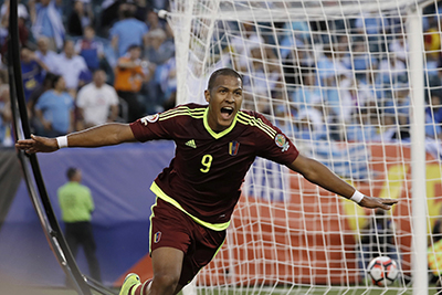 Venezuela's Salomon Rondon reacts after scoring a goal during the first half of a Copa America Group C soccer match against Uruguay on Thursday, June 9, 2016, in Philadelphia. (AP Photo/Matt Slocum)