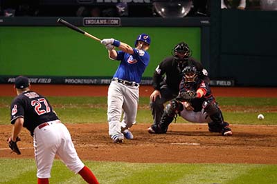 CLEVELAND, OH - NOVEMBER 02: Miguel Montero #47 of the Chicago Cubs hits a RBI single in the 10th inning against the Cleveland Indians in Game Seven of the 2016 World Series at Progressive Field on November 2, 2016 in Cleveland, Ohio.   Gregory Shamus/Getty Images/AFP