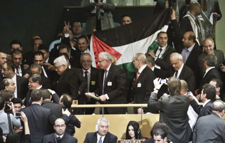 Una bandera palestina es deplegada atrás de la delegación palestina ante la ONU después de que la Asamblea General del organismo votó a favor de conceder a los palestinos el estatus de Estado observador no miembro.