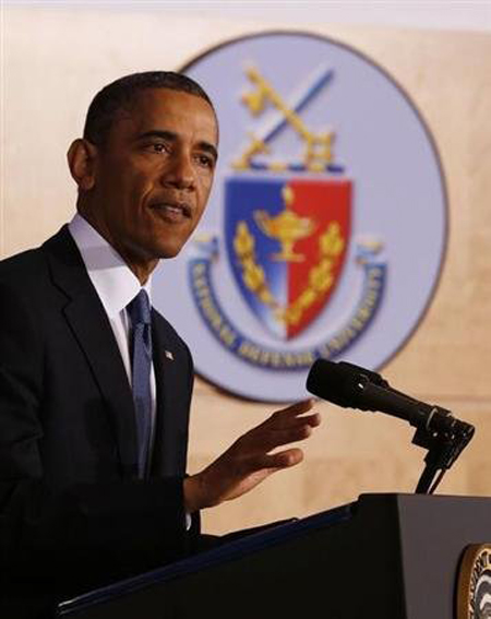 "Nuestra nación está aún amenazada por terroristas", dijo este jueves Obama en la Universidad Nacional de Defensa en Washington.