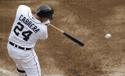 Detroit Tigers Miguel Cabrera bats against the Seattle Mariners in the fifth inning of a baseball--AP Photo-Paul Sancyaweb