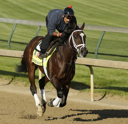 El ejemplar Materiality, monta de Javier José Castellano en el Derby de Kentucky, durante uno de sus ejercicios en Churchill Downs
AP / Charlie Riedel