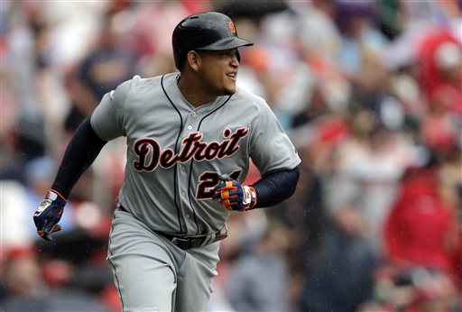 Detroit Tigers' Miguel Cabrera rounds the bases after hitting a solo home run during the first inning of a baseball game against the St. Louis Cardinals, Saturday, May 16, 2015, in St. Louis. (AP Photo/Jeff Roberson)