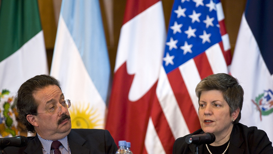 US Homeland Security Secretary Janet Napolitano (R) speaks next to Mexican Secretary of Communications and Transportion, Juan Molinar Horcasitas (L), during a press conference after a meeting on air security at the Foreign Ministry in Mexico City, on February 17, 2010. Napolitano is on a two-day visit to Mexico. AFP PHOTO/Ronaldo Schemidt (Photo credit should read Ronaldo Schemidt/AFP/Getty Images)