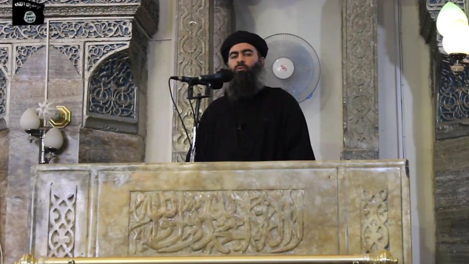 An image grab taken from a propaganda video released on July 5, 2014 by al-Furqan Media allegedly shows the leader of the Islamic State (IS) jihadist group, Abu Bakr al-Baghdadi, aka Caliph Ibrahim, adressing Muslim worshippers at a mosque in the militant-held northern Iraqi city of Mosul. Baghdadi, who on June 29 proclaimed a "caliphate" straddling Syria and Iraq, purportedly ordered all Muslims to obey him in the video released on social media.    AFP PHOTO / HO / AL-FURQAN MEDIA 
== RESTRICTED TO EDITORIAL USE - MANDATORY CREDIT "AFP PHOTO / HO / AL-FURQAN MEDIA " - NO MARKETING NO ADVERTISING CAMPAIGNS - DISTRIBUTED AS A SERVICE TO CLIENTS FROM ALTERNATIVE SOURCES, AFP IS NOT RESPONSIBLE FOR ANY DIGITAL ALTERATIONS TO THE PICTURE'S EDITORIAL CONTENT, DATE AND LOCATION WHICH CANNOT BE INDEPENDENTLY VERIFIED ==-/AFP/Getty Images