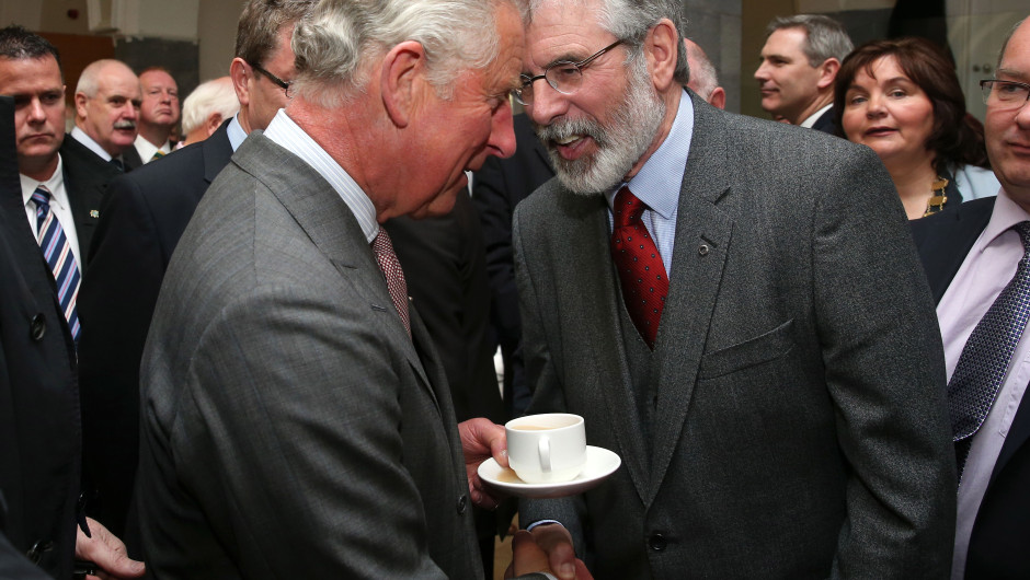 GALWAY, IRELAND - MAY 19:   Prince Charles, Prince Of Wales shakes hands with Sinn Fein president Gerry Adams at the National University of Ireland on May 19, 2015 in Galway, Ireland. The Prince of Wales and Duchess of Cornwall arrived in Ireland today for their four day visit to the Republic and Northern Ireland, the visit has been described by the British Embassy as another important step in promoting peace and reconciliation. (Photo by Brian Lawless - WPA Pool/Getty Images)