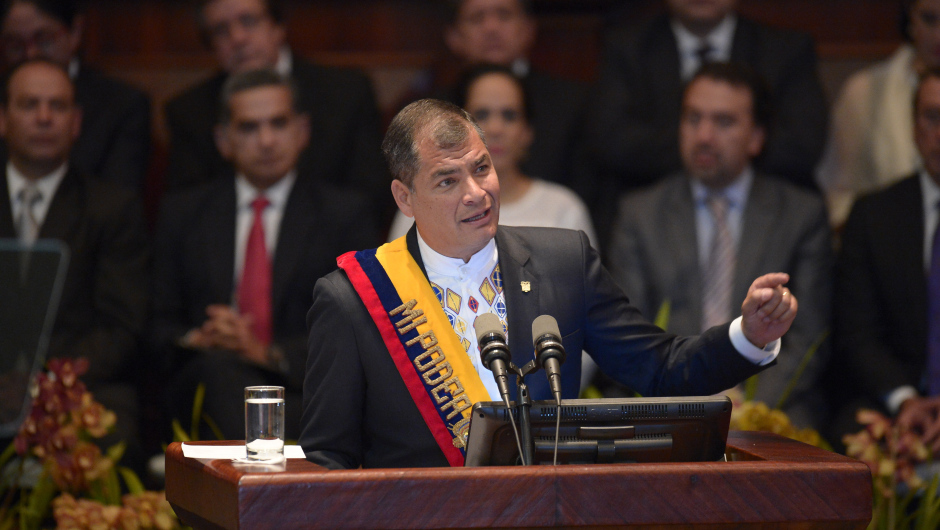 Ecuadorean President Rafael Correa delivers his annual message to the Nation before the National Assembly in Quito, on May 24, 2015. AFP PHOTO/ RODRIGO BUENDIA        (Photo credit should read RODRIGO BUENDIA/AFP/Getty Images)