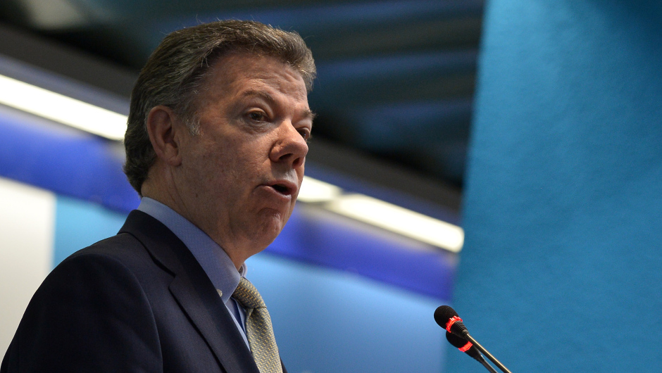 The President of Colombia, Juan Manuel Santos Calderon, delivers a speech during the 39th Session of the FAO Conference on June 13, 2015 at the Food and Agriculture Organisation (FAO) headquarters in Rome.  AFP PHOTO / TIZIANA FABI        (Photo credit should read TIZIANA FABI/AFP/Getty Images)