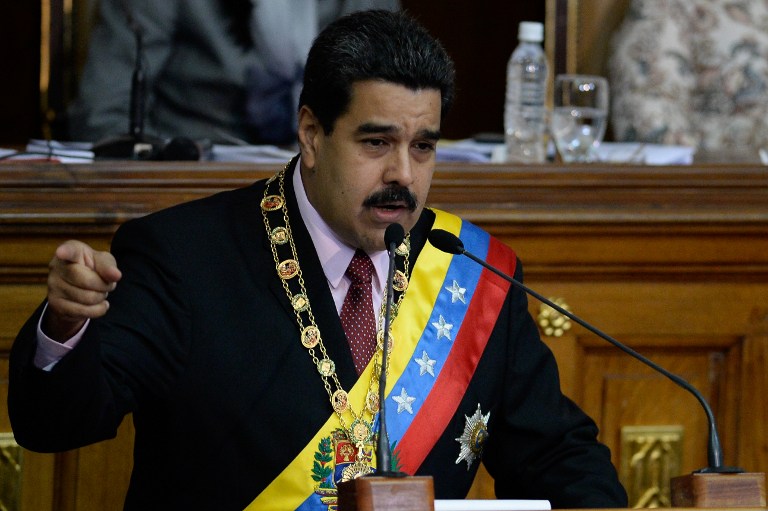 Venezuelan President Nicolas Maduro delivers a speech at the National Assembly in Caracas on July 6, 2015. Maduro called his ambassador to Guyana, Reina Arratia, for consultations Monday, after reporting an alleged plan to create a conflict with the Caribbean countries following a border dispute. AFP PHOTO / FEDERICO PARRA
