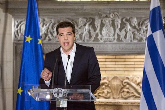 A handout photo from the Prime Ministers Office, Greek Prime Minister Alexis Tsipras  speaks during a televised address to the nation late in Athens on July 5, 2015. The European Commission "respects" the result of the Greece bailout referendum, it said in a short statement, after Greek voters overwhelmingly rejected terms offered by international creditors.  AFP PHOTO / Prime Minister's Office/ Andrea Bonetti
RESTRICTED TO EDITORIAL USE - MANDATORY CREDIT "AFP PHOTO / Prime Minister's Office/ Andrea Bonetti" - NO MARKETING NO ADVERTISING CAMPAIGNS - DISTRIBUTED AS A SERVICE TO CLIENTS =