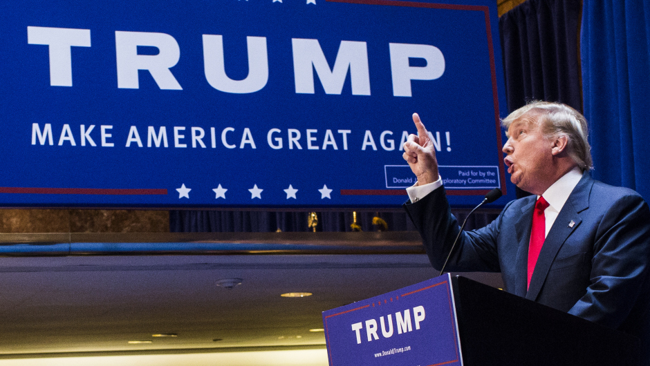 NEW YORK, NY - JUNE 16:   Business mogul Donald Trump points as he gives a speech as he announces his candidacy for the U.S. presidency at Trump Tower on June 16, 2015 in New York City.  Trump is the 12th Republican who has announced running for the White House.  (Photo by Christopher Gregory/Getty Images)