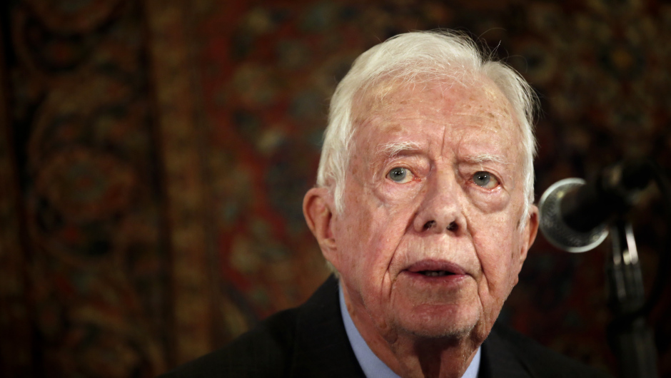 Former US president Jimmy Carter, member of The Elders group of retired prominent world figures, addresses journalists during a press conference in an hotel in Jerusalem, on May 2, 2015, after a two-day-visit in Israel and the West Bank. AFP PHOTO/ THOMAS COEX        (Photo credit should read THOMAS COEX/AFP/Getty Images)