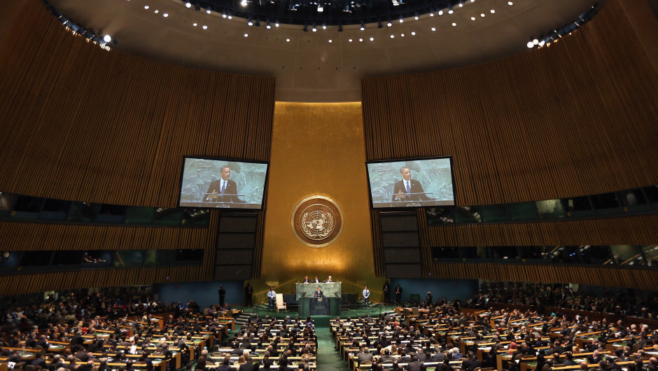 NEW YORK, NY - SEPTEMBER 25:  U.S. President Barack Obama addresses the UN General Assembly on September 25, 2012 in New York City. The event gathers more than 100 heads of state and government for high level meetings on nuclear safety, regional conflicts, health and nutrition and environment issues.  (Photo by John Moore/Getty Images)