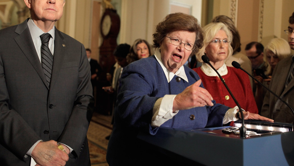 WASHINGTON, DC - JUNE 05:  (L-R) Senate Majority Leader Harry Reid (D-NV), Sen. Barbara Mikulski (D-MD) and Lily Ledbetter hold a news conference at the U.S. Capitol June 5, 2012 in Washington, DC. Despite strong support from President Barack Obama, a bill sponsored by Mikulski that calls for equal pay in the workplace was blocked by Senate Republicans. Ledbetter, a supervisor at Goodyear Tire and Rubber?s plant in Gadsden, Alabama, from 1979 until her retirement in 1998, sued the company for paying her significantly less than her male counterparts. She lost her case, which went to the Supreme Court, but inspired the Lilly Ledbetter Fair Pay Act of 2009.  (Photo by Chip Somodevilla/Getty Images)