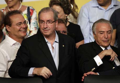 Renan Calheiros, Eduardo Cunha y Michel Temer en la cumbre del PMDB en Brasilia