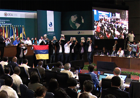 asesinos!", clamaron los opositores con una bandera de Venezuela invertida, acompañados de una legisladora conservadora mexicana, el exiliado opositor Carlos Vecchio y otras personas más para sumar una decena.OEA / AFP