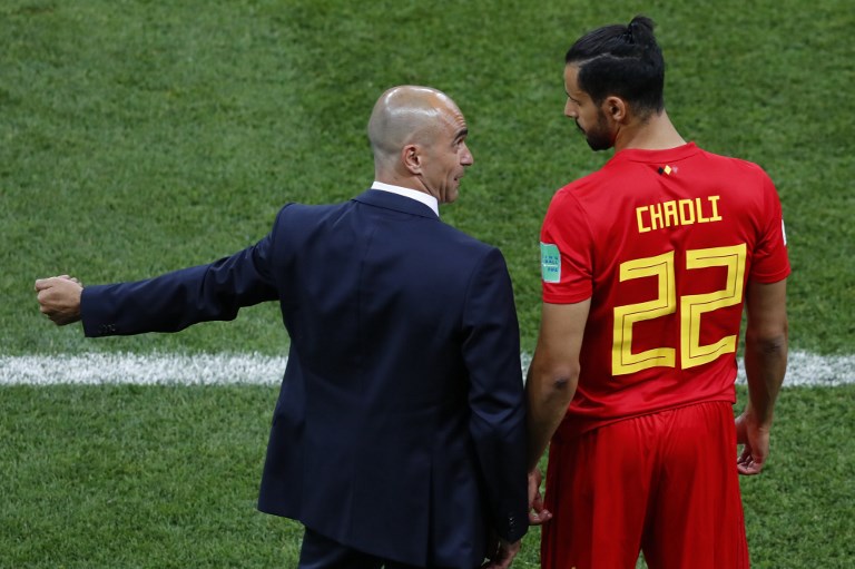 Belgium's coach Roberto Martinez speaks to Belgium's midfielder Nacer Chadli (R) before entering the pitch during the Russia 2018 World Cup round of 16 football match between Belgium and Japan at the Rostov Arena in Rostov-On-Don on July 2, 2018. / AFP PHOTO / Jack GUEZ / RESTRICTED TO EDITORIAL USE - NO MOBILE PUSH ALERTS/DOWNLOADS