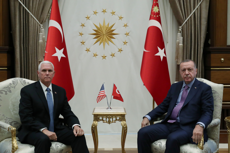 Turkish President Tayyip Erdogan meets with U.S. Vice President Mike Pence at the Presidential Palace in Ankara, Turkey, October 17, 2019. Murat Cetinmuhurdar/Presidential Press Office/Handout via REUTERS ATTENTION EDITORS - THIS PICTURE WAS PROVIDED BY A THIRD PARTY. NO RESALES. NO ARCHIVE
