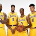 EL SEGUNDO, CA - SEPTEMBER 27: LeBron James #23, Anthony Davis #3, Rajon Rondo #9, and Kyle Kuzma #0 of the Los Angeles Lakers pose for a portrait during media day on September 27, 2019 at the UCLA Health Training Center in El Segundo, California. NOTE TO USER: User expressly acknowledges and agrees that, by downloading and/or using this photograph, user is consenting to the terms and conditions of the Getty Images License Agreement. Mandatory Copyright Notice: Copyright 2019 NBAE (Photo by Andrew D. Bernstein/NBAE via Getty Images)