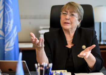 Former Chilean president Michelle Bachelet speaks from her office at the Palais Wilson on her first day as new United Nations (UN) High Commissioner for Human Rights in Geneva, Switzerland, September 3, 2018.  Fabrice Coffrini/Pool via REUTERS