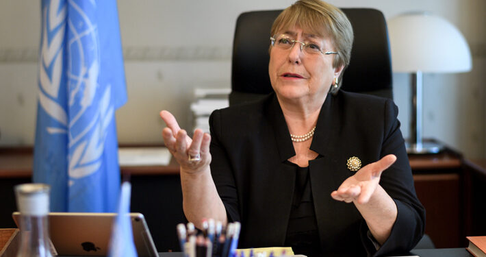 Former Chilean president Michelle Bachelet speaks from her office at the Palais Wilson on her first day as new United Nations (UN) High Commissioner for Human Rights in Geneva, Switzerland, September 3, 2018.  Fabrice Coffrini/Pool via REUTERS