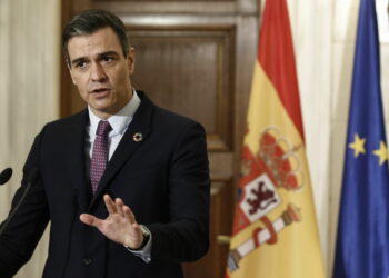 Athens (Greece), 10/05/2021.- Prime Minister of Spain, Pedro Sanchez talks next to Greek Prime Minister Kyriakos Mitsotakis (not pictuerd) during joint statements after their meeting in Athens, Greece, 10 May 2021. Pedro Sanchez is in Athens on a working visit. (Grecia, España, Atenas) EFE/EPA/YANNIS KOLESIDIS