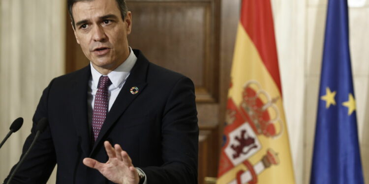 Athens (Greece), 10/05/2021.- Prime Minister of Spain, Pedro Sanchez talks next to Greek Prime Minister Kyriakos Mitsotakis (not pictuerd) during joint statements after their meeting in Athens, Greece, 10 May 2021. Pedro Sanchez is in Athens on a working visit. (Grecia, España, Atenas) EFE/EPA/YANNIS KOLESIDIS