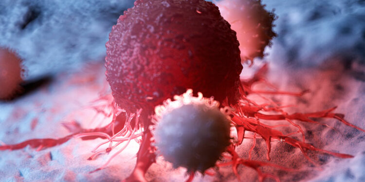 Illustration of white blood cells attacking a cancer cell.