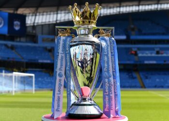 MANCHESTER, ENGLAND - MAY 06:  The Premier League Trophy on display prior to the Premier League match between Manchester City and Huddersfield Town at Etihad Stadium on May 6, 2018 in Manchester, England.  (Photo by Michael Regan/Getty Images)