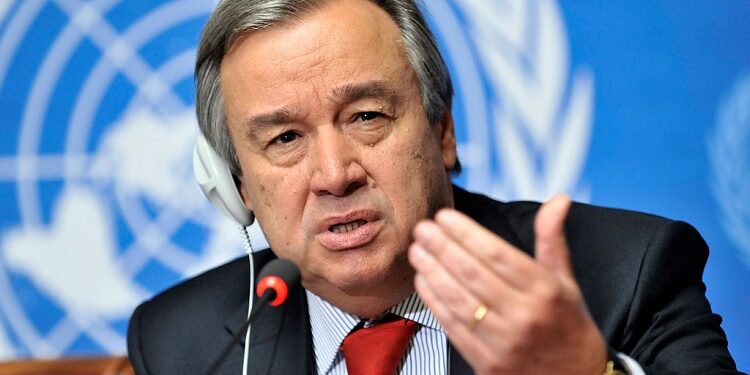Antonio Guterres, United Nations High Commissioner for Refugees speaks during a press conference at the Launch of the Regional Flash Appeal Following recent events in Libyan Arab Jamahiri